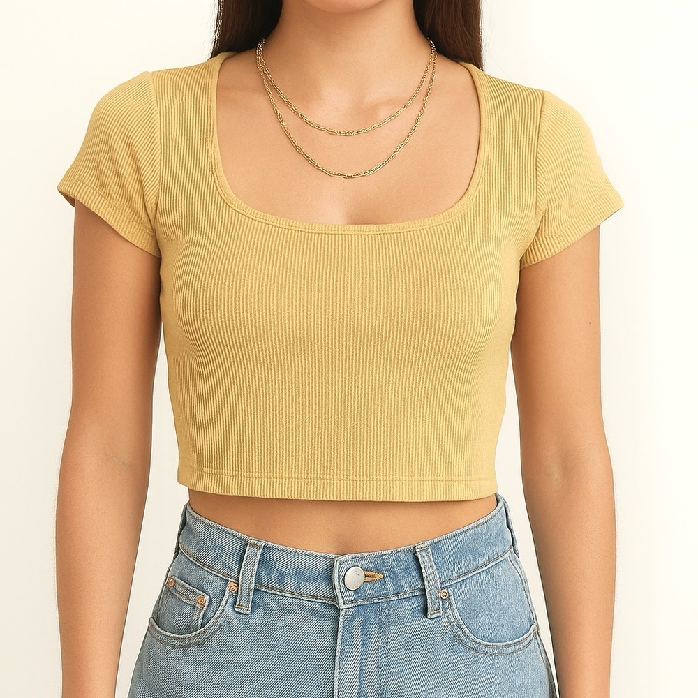 Madewell Women's Yellow Slightly Cropped Square Neck Ribbed Tee Shirt Top